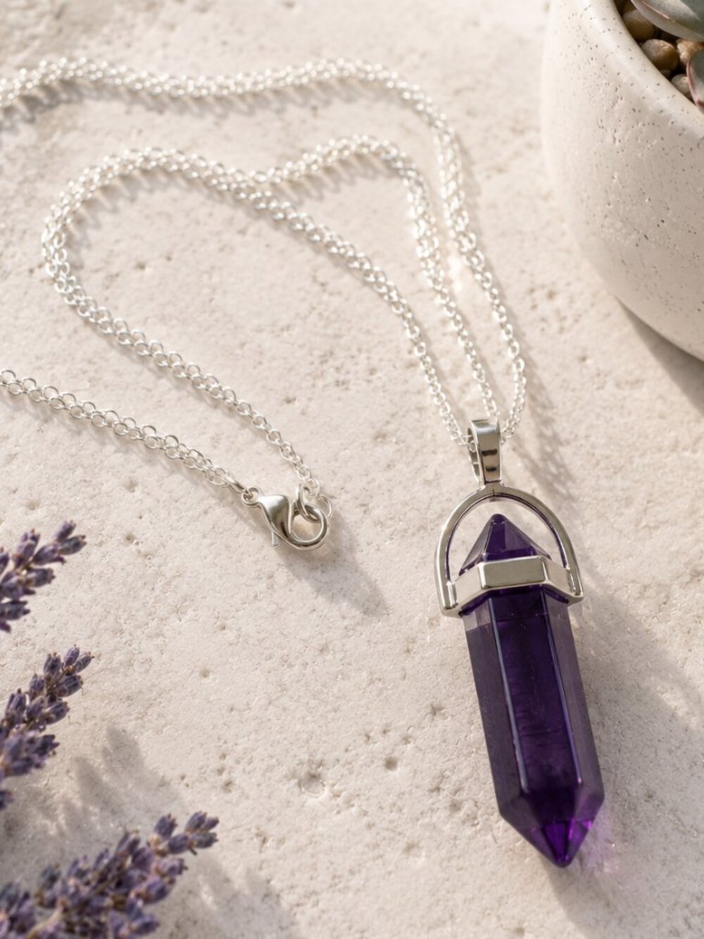 Dark Amethyst Necklace Stone Crystal Bullet Point Pendant Silver Chain 24 in